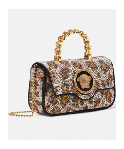 Versace La Medusa Crystal-leopard Mini Bag In Brown