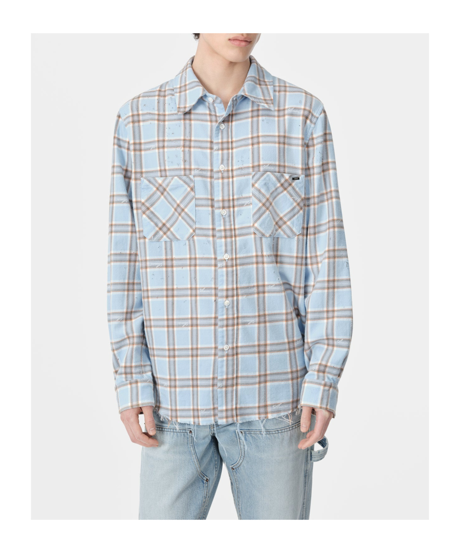 Amiri Mens Sea Blue Shotgun Distressed Regular-fit Cotton Flannel Shirt In Gray