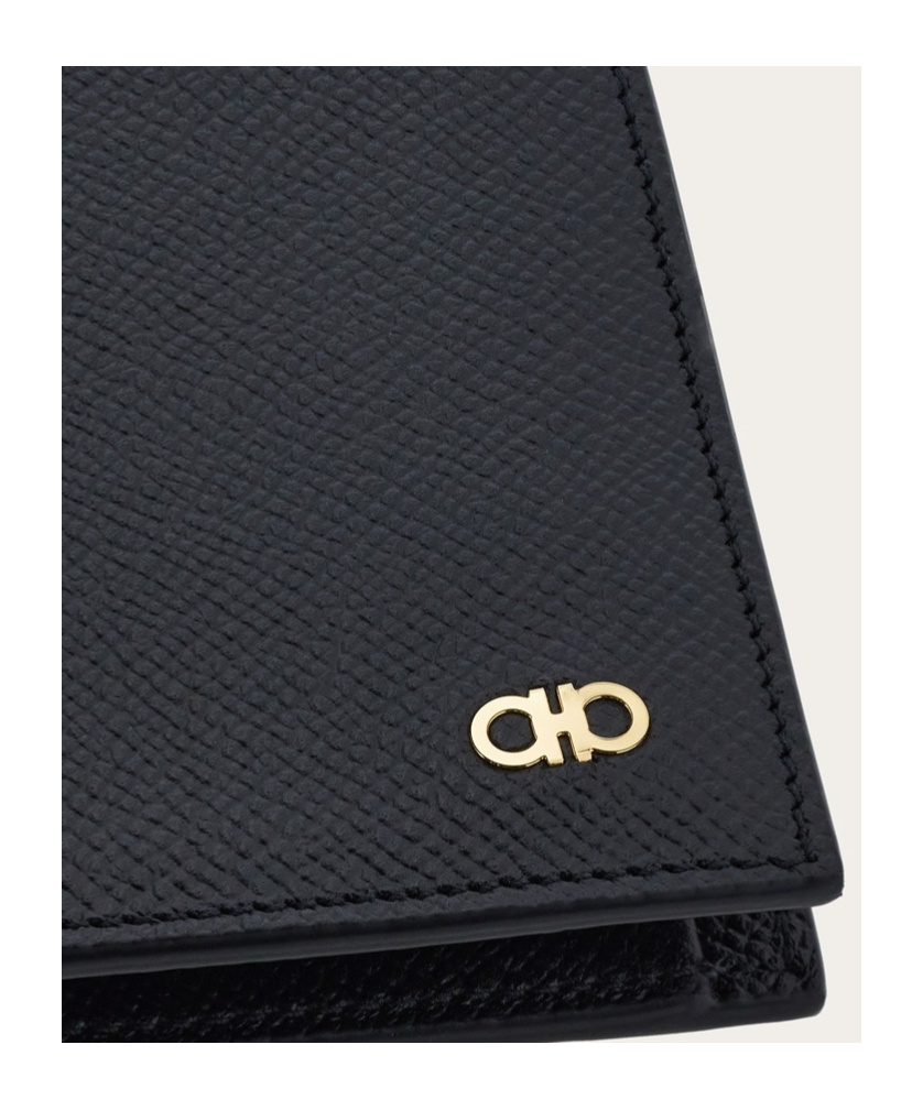 Ferragamo Gancini Bi-fold Wallet In Grained Leather In Black