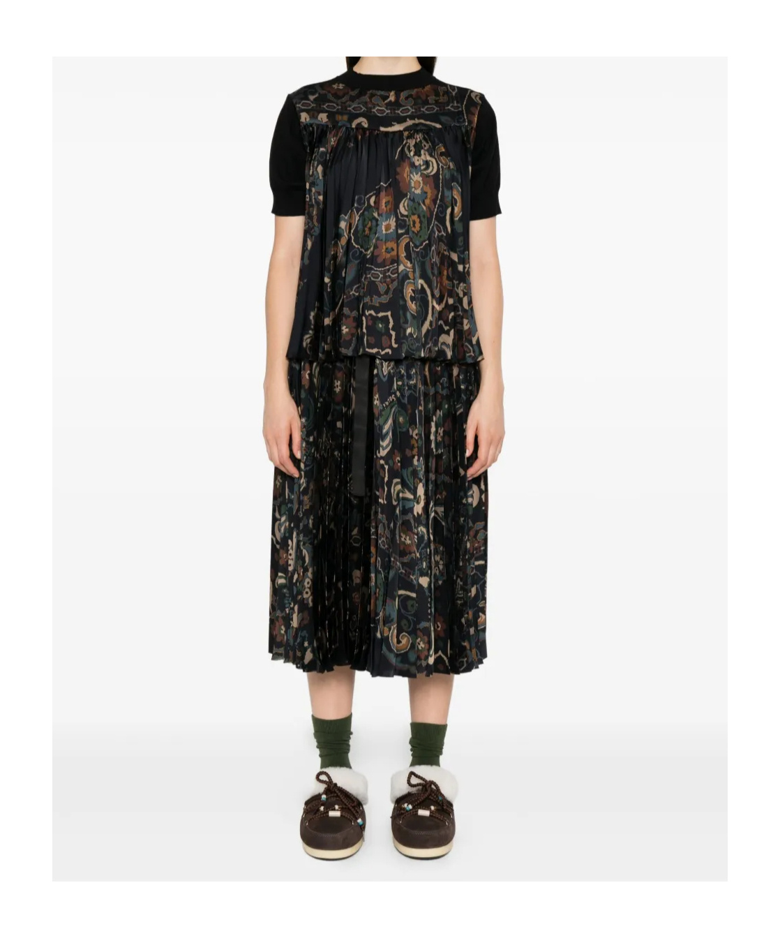 Sacai Floral Print Pleated Midi Skirt In Blue