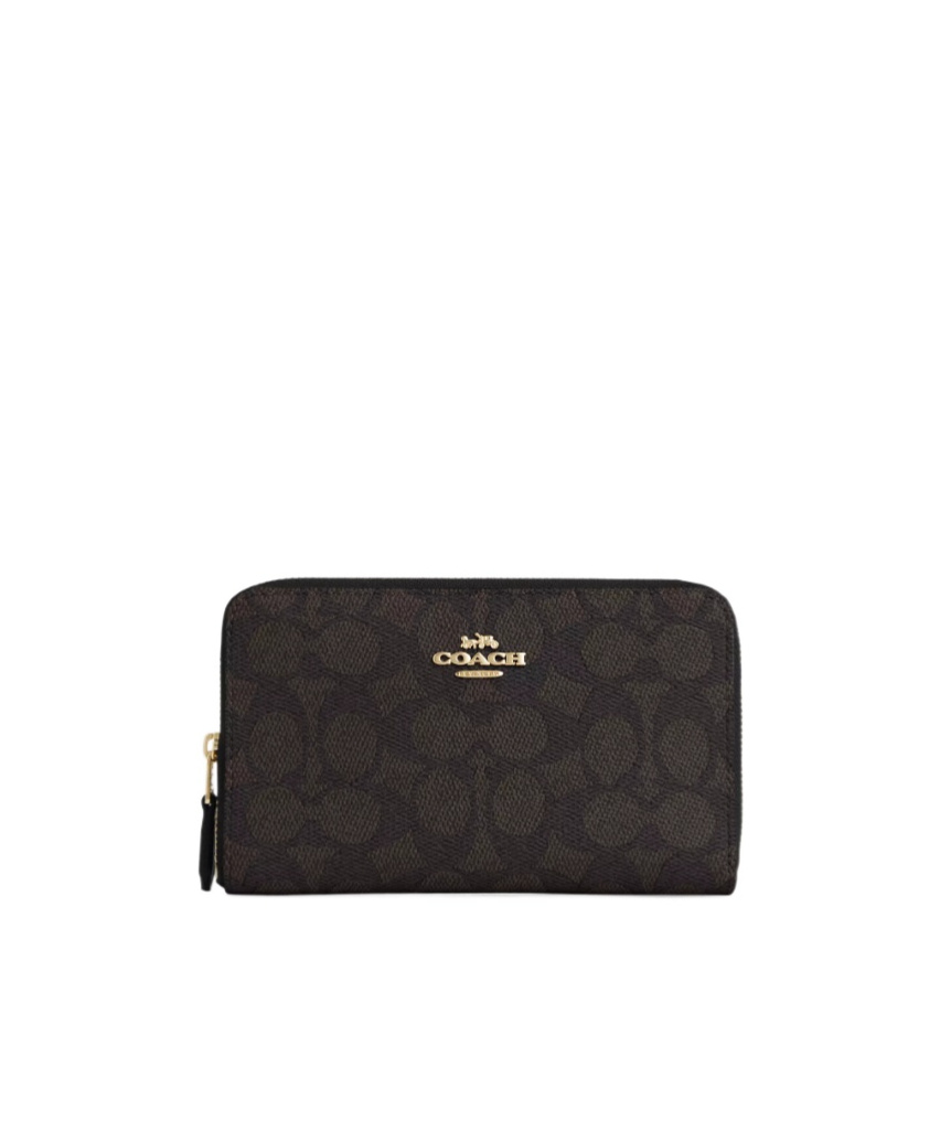 Coach Medium Id Zip Wallet In Signature Canvas In Signature Canvas/gold/walnut/black