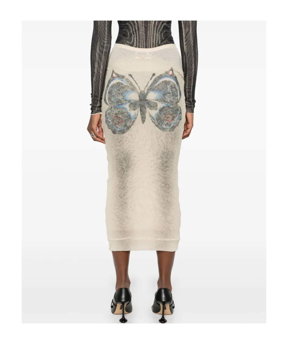 Jean Paul Gaultier Mesh Printed Double Layer Midi Skirt In Ecru Black Red