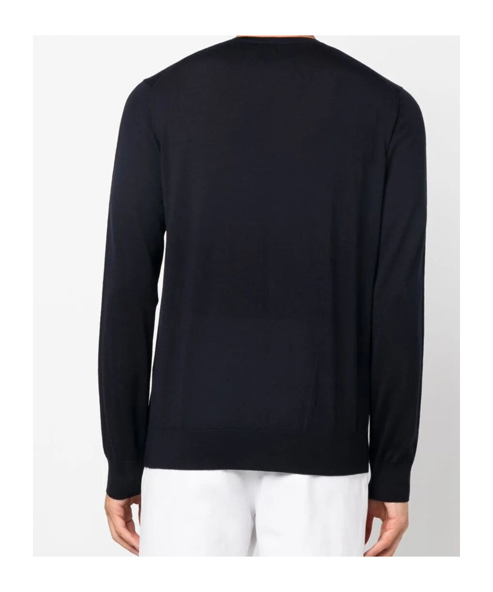 Giorgio Armani Refined Wool Knit Sweater With Round Neckline In Blue