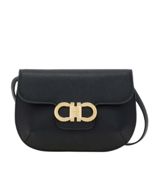 Ferragamo Double Gancini Mini Leather Shoulder Bag In Black