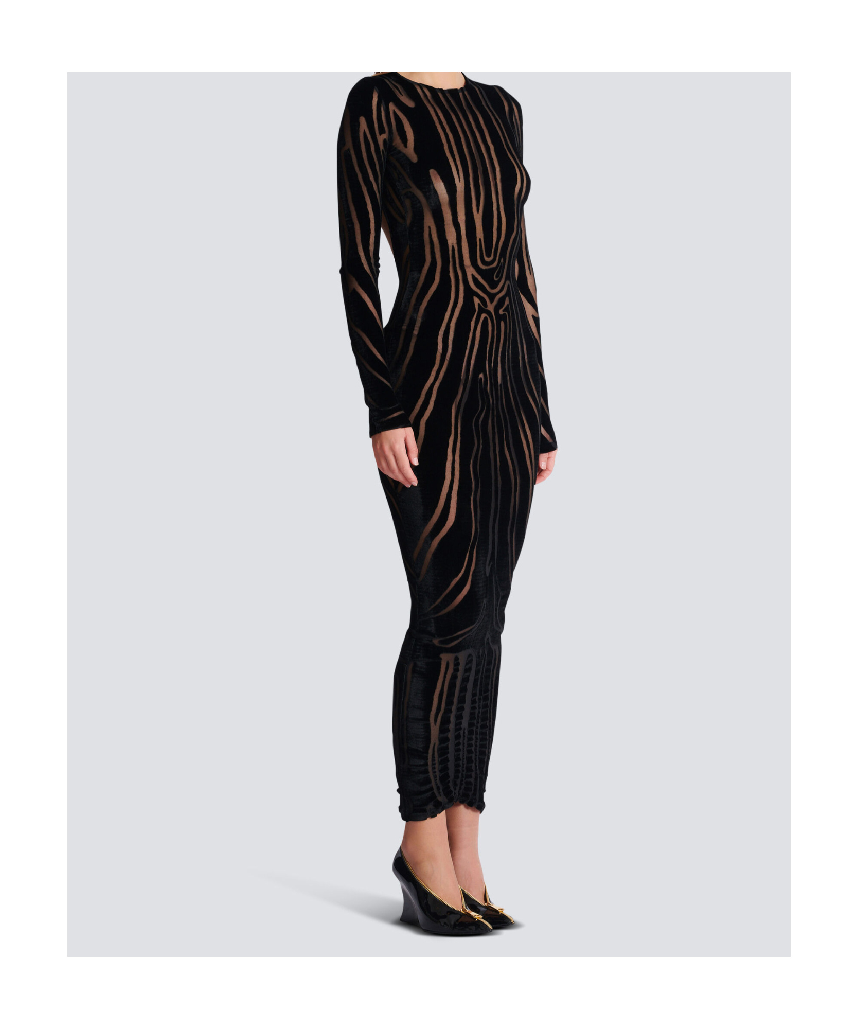 Balmain Long Sleeve Zebra Print Bodycon Dress In Black