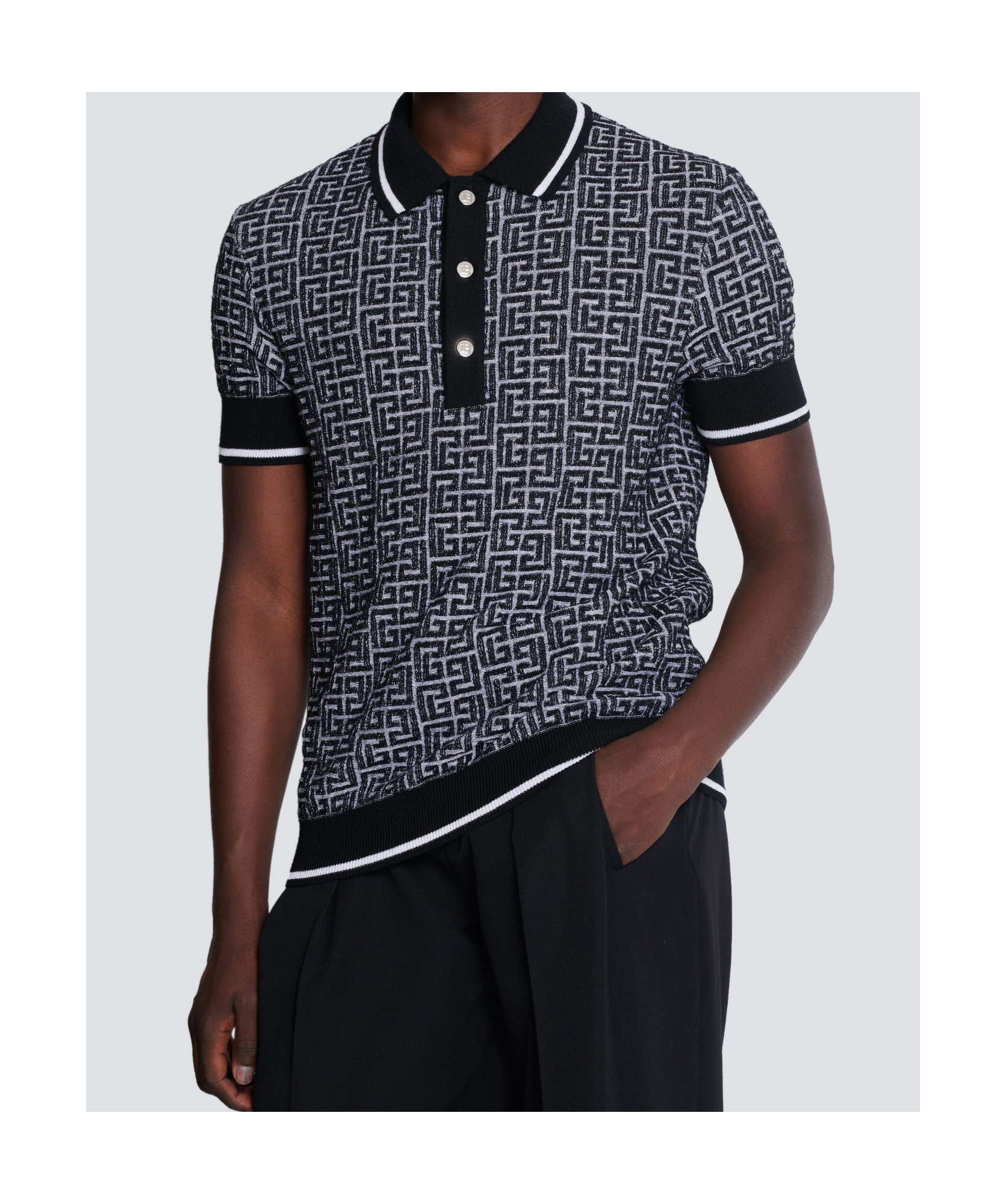 Shop Balmain Pb Labyrinth Knit Polo Shirt In Black