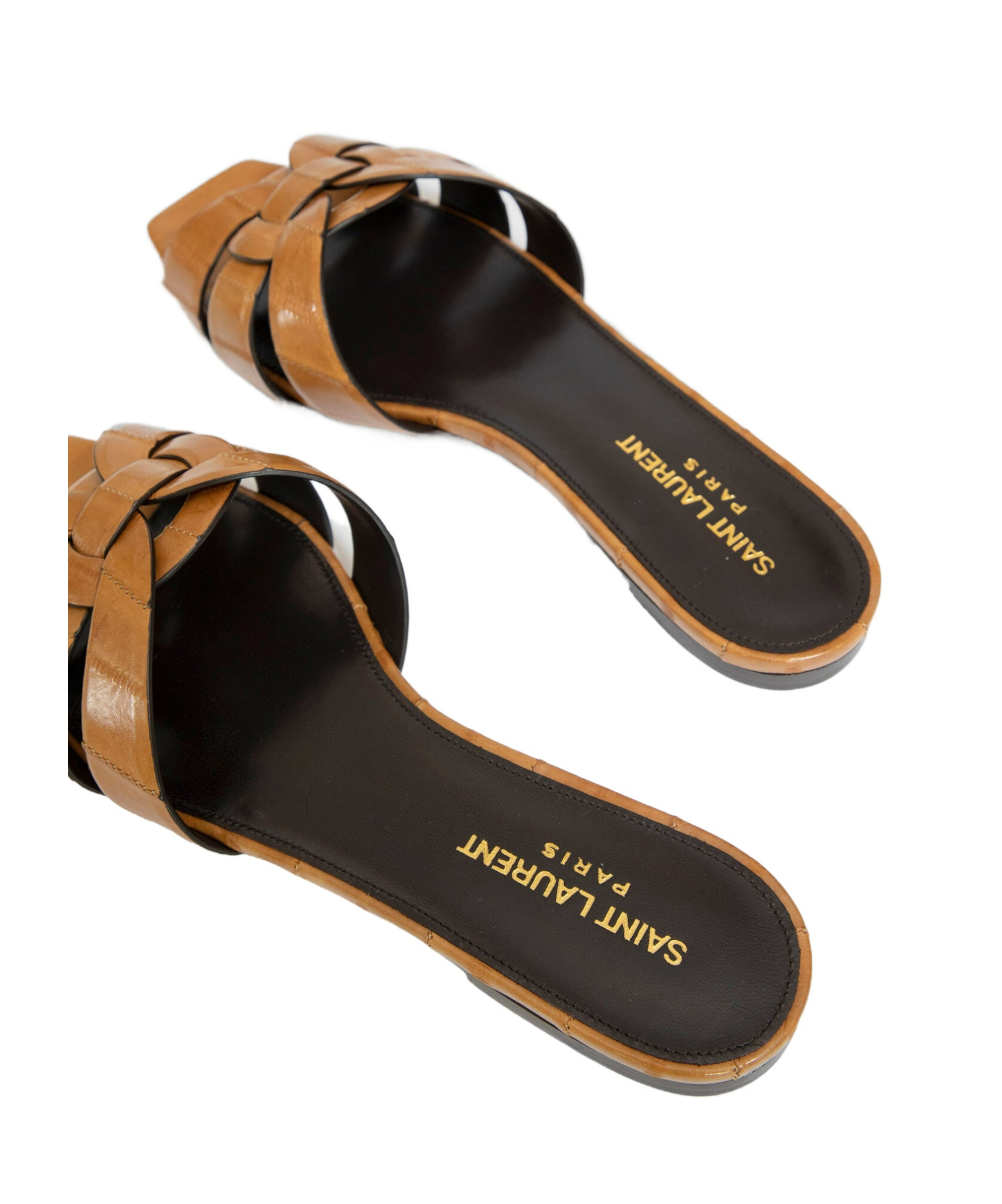 Saint Laurent Tribute Woven Leather Flat Sandals In Brown