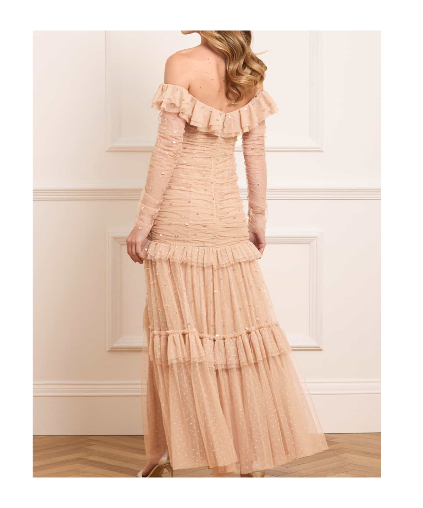 Needle & Thread Sequined Pleated Off-the-shoulder Gown In Neutral