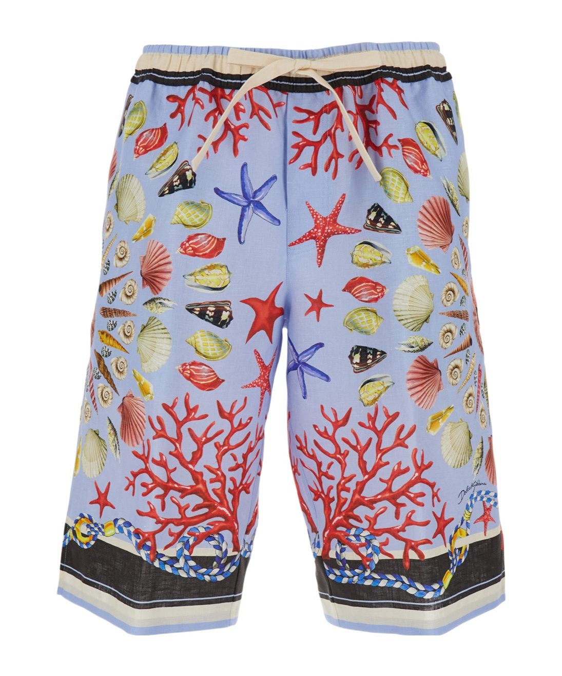 Dolce & Gabbana Multicolor Shorts With Elastic Drawstring And All-over Print In Linen Man In Blue