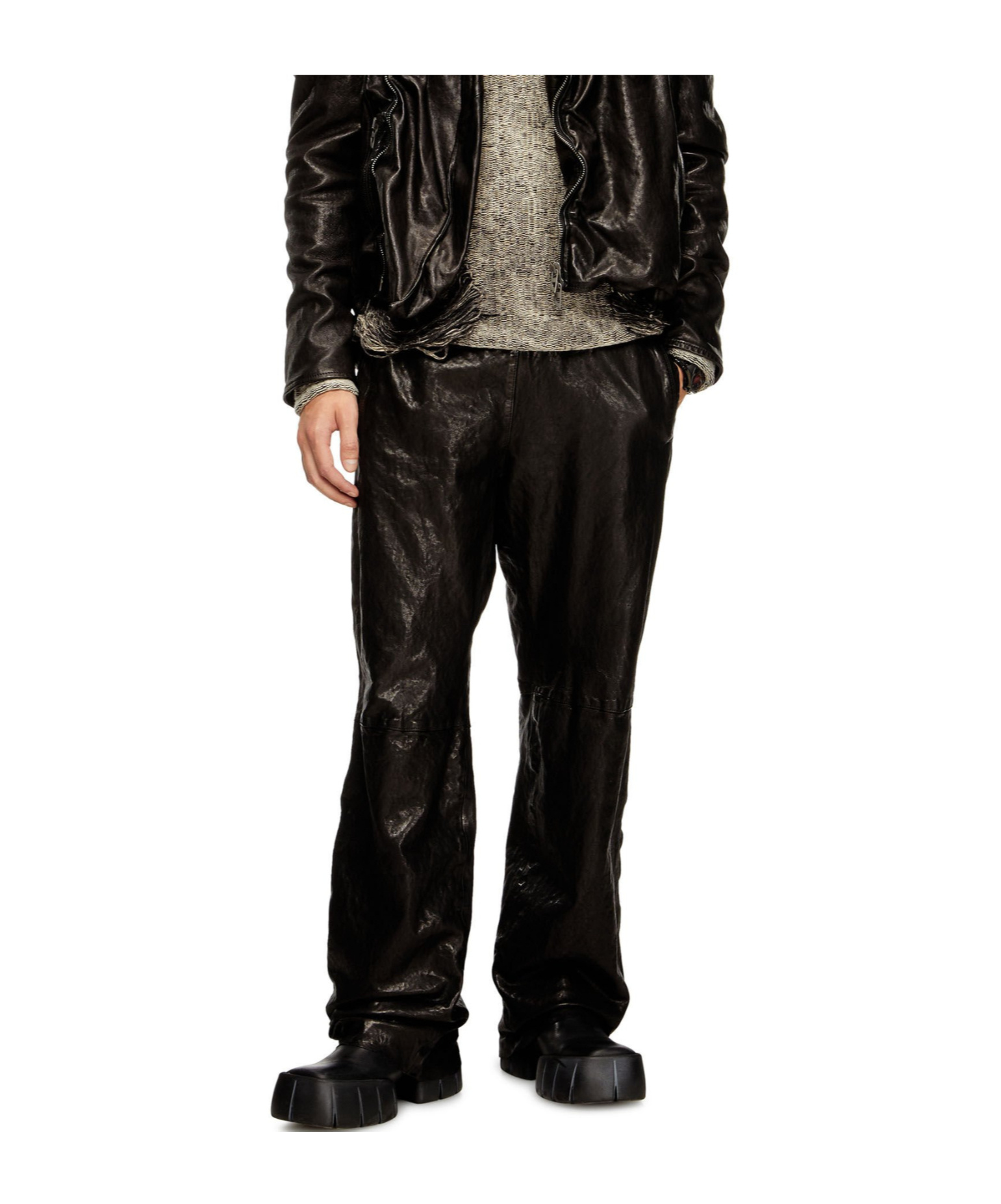 Diesel Elasticated-waist Leather Trousers In Black