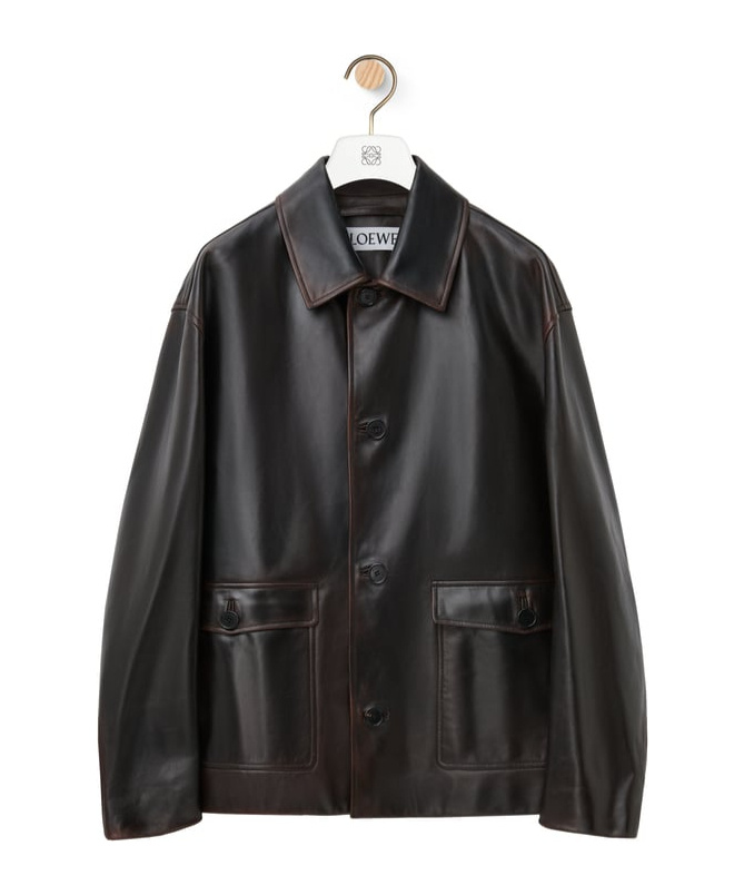 Loewe Anagram Leather Zip-up Overshirt In Black