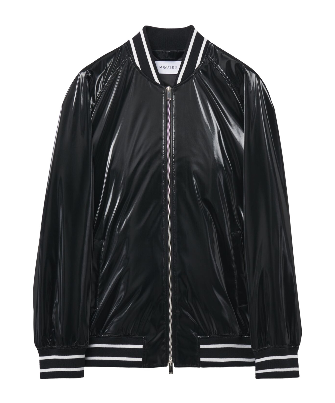 Alexander Mcqueen Solid Color Bomber Jacket With Shine Finish And Striped Edge In Black