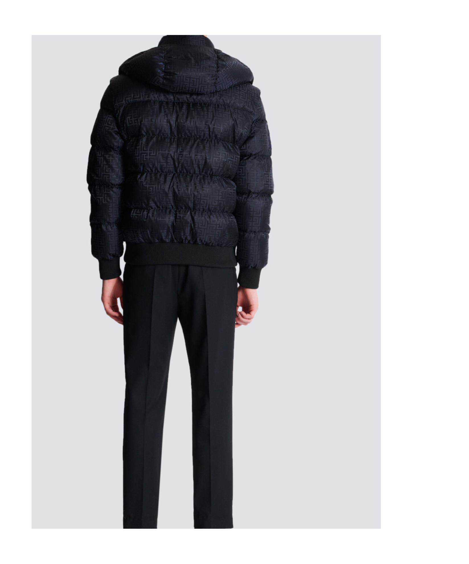 Balmain Short Nylon Jacquard Down Jacket With Black Monogram Men In Black