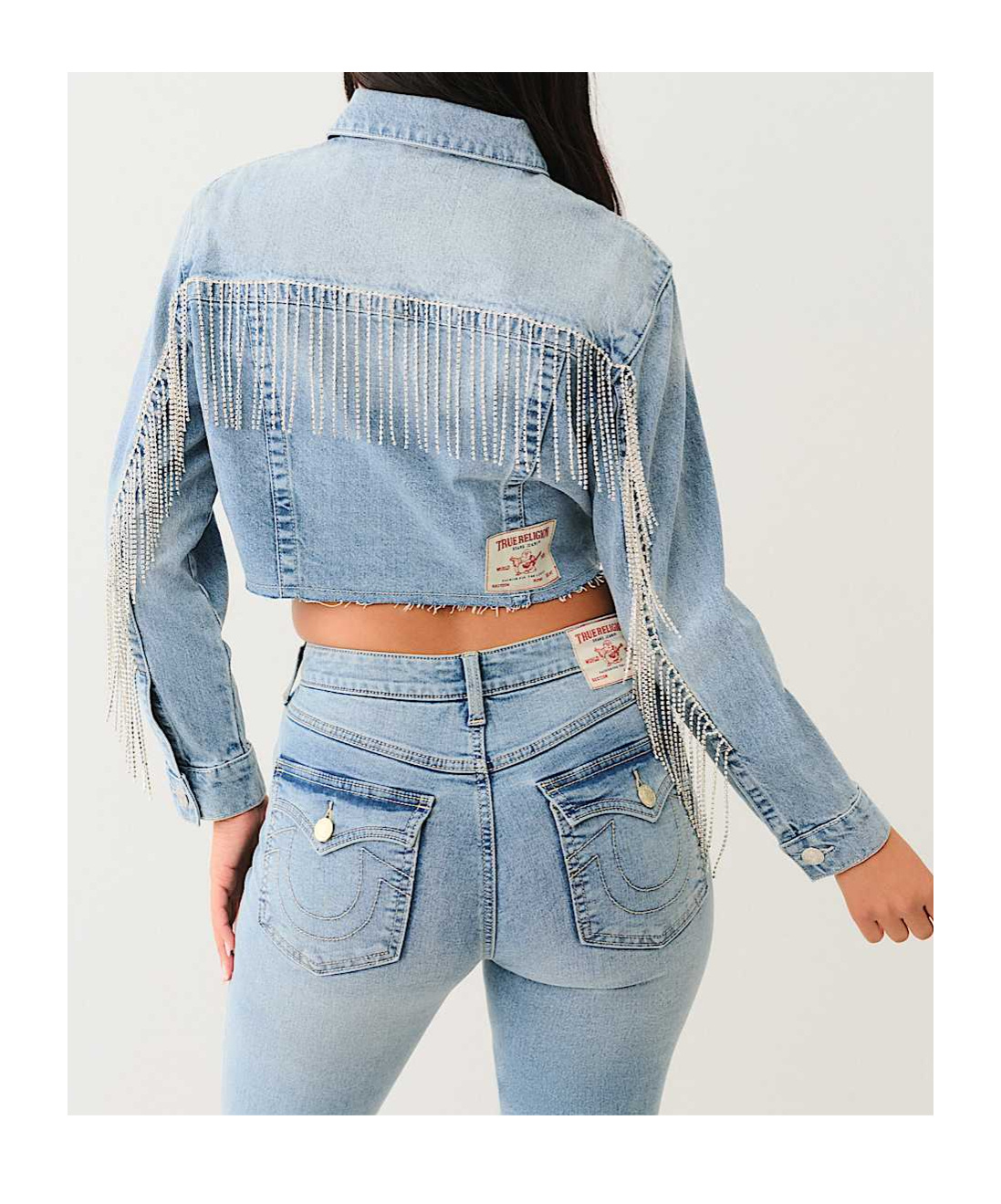 TRUE RELIGION CRYSTAL FRINGE CROP DENIM JACKET