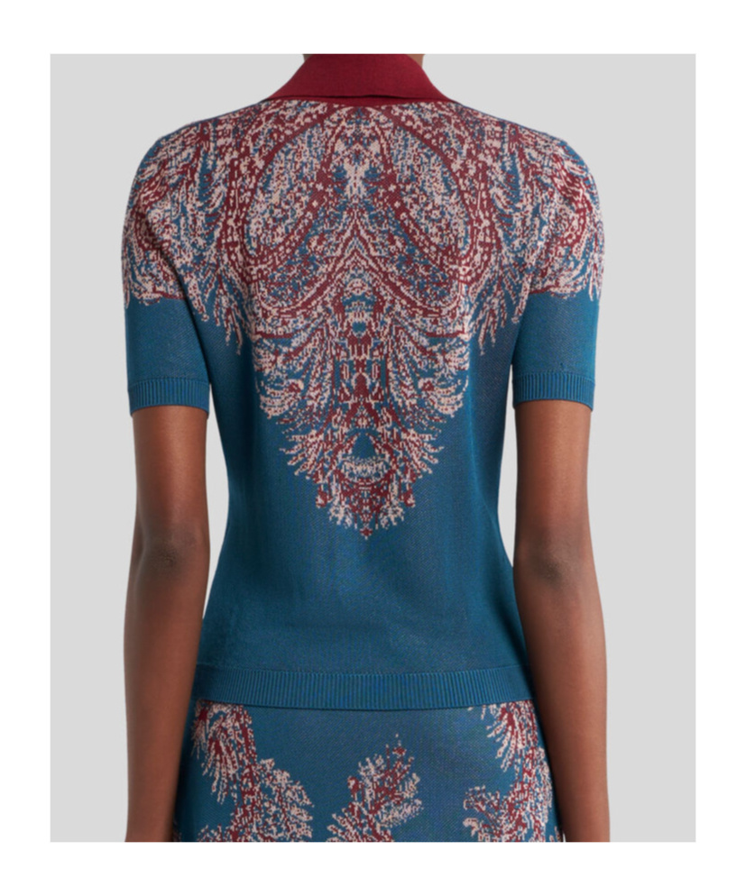 Etro Collared V-neck Polo With Patterned Ribbed Cuffs In Green
