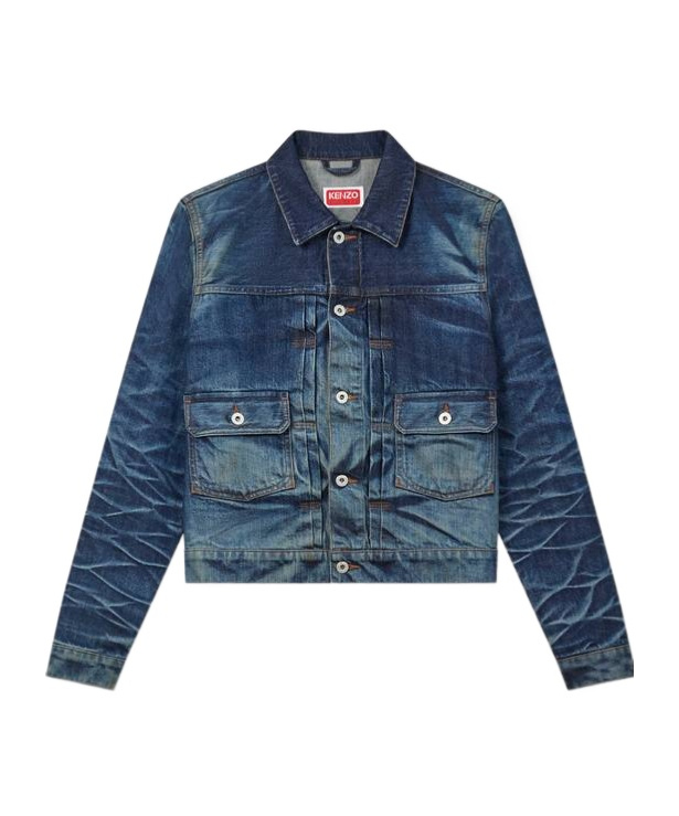 Kenzo Slim Pleated Trucker In Jacket In Japanese Denim In Blue