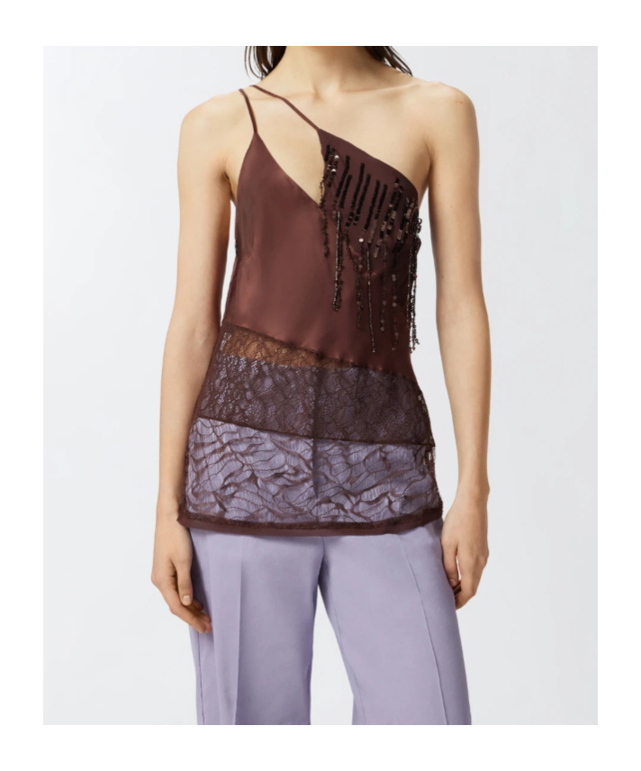 Pinko One-shoulder Satin Top With Lace And Sequins In Brown