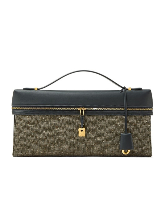 Loro Piana Extra Clutch L36 In Green Sand Herringbone Pattern/turquoise/sun Gold