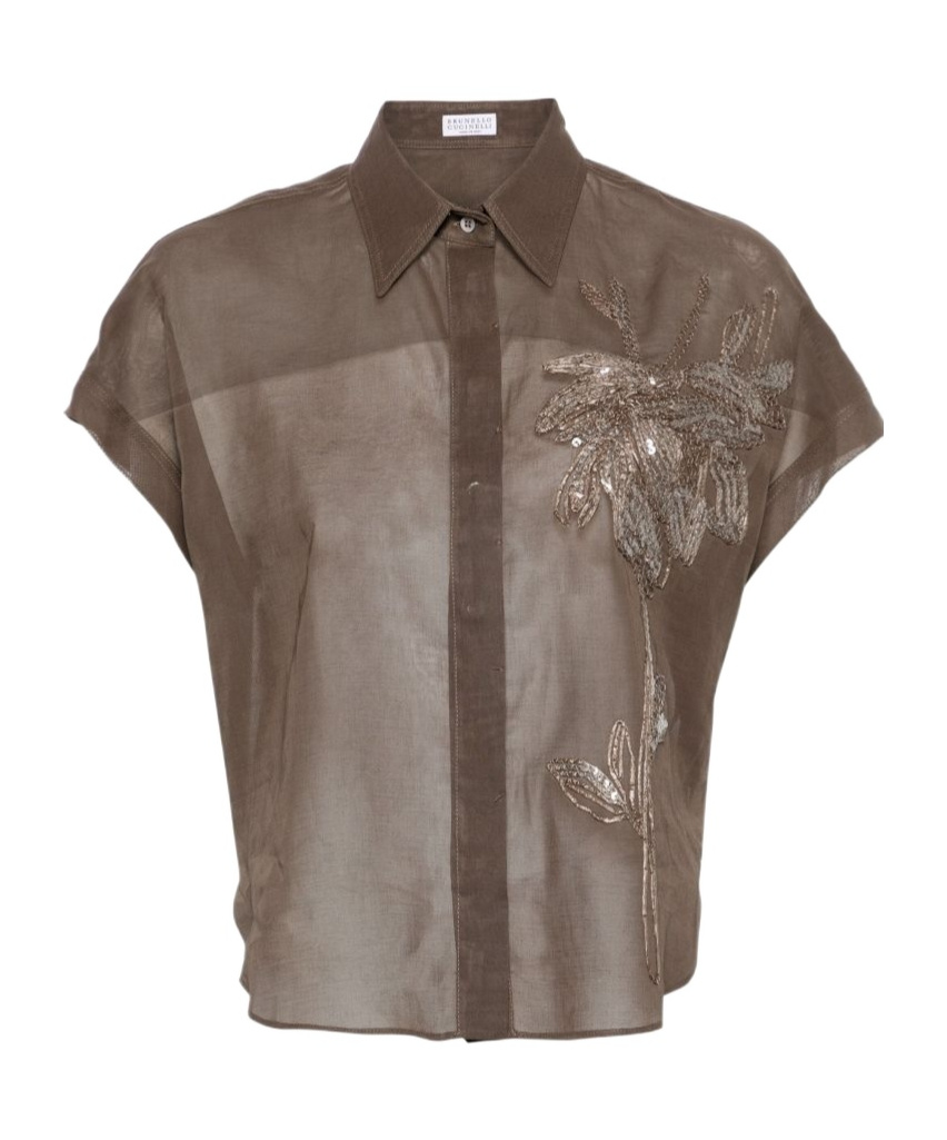 Brunello Cucinelli Motif-embroidered Semi-sheer Shirt In Brown