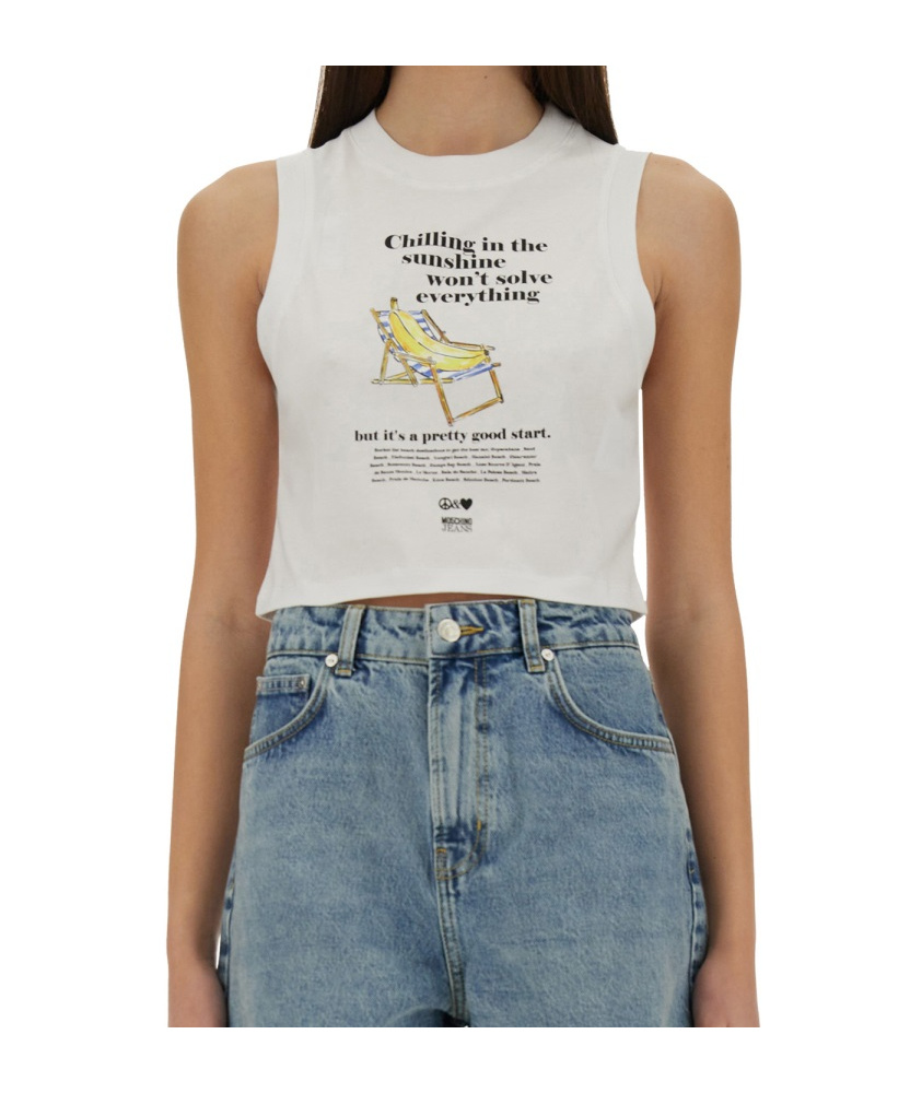 Moschino Graphic Print Sleeveless Crop Top In White