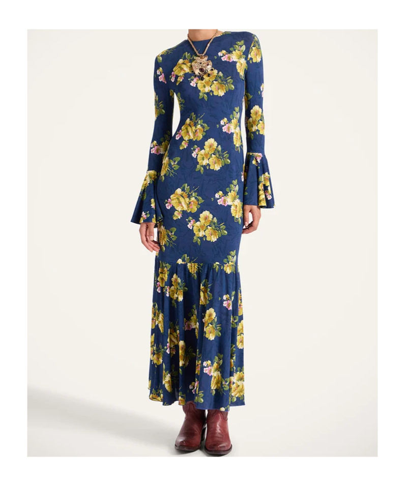 La Doublej Floral Bell-sleeve Midi Dress In Blue