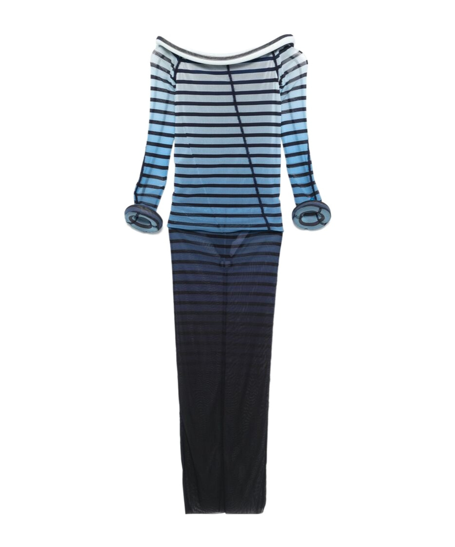 Jean Paul Gaultier Elegant Mesh Boat Neck Long Dress With 3d Collar And Cuff In Black