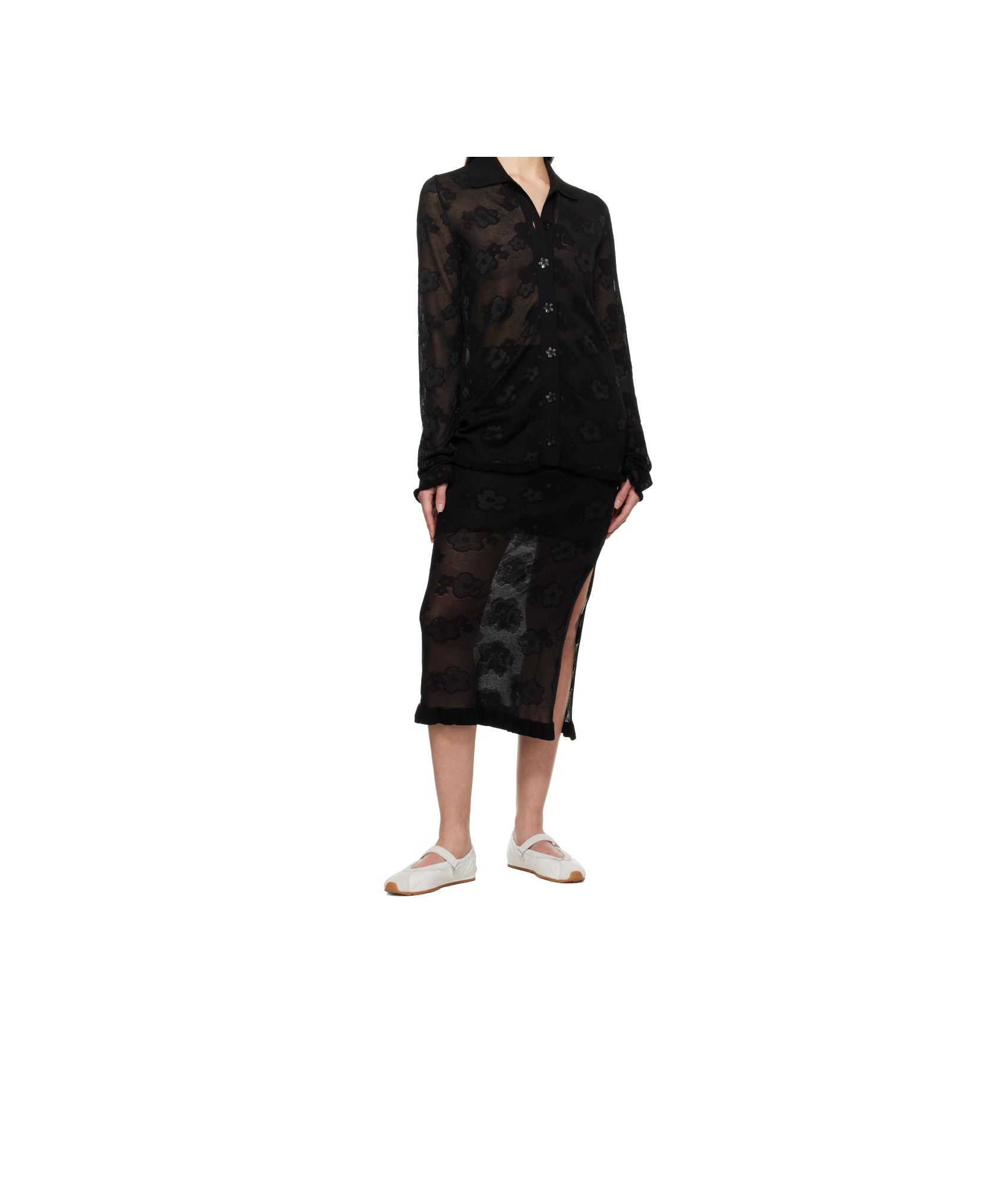 Cecilie Bahnsen Elastic Waistband Floral Pattern Sheer Overlay Side Slit