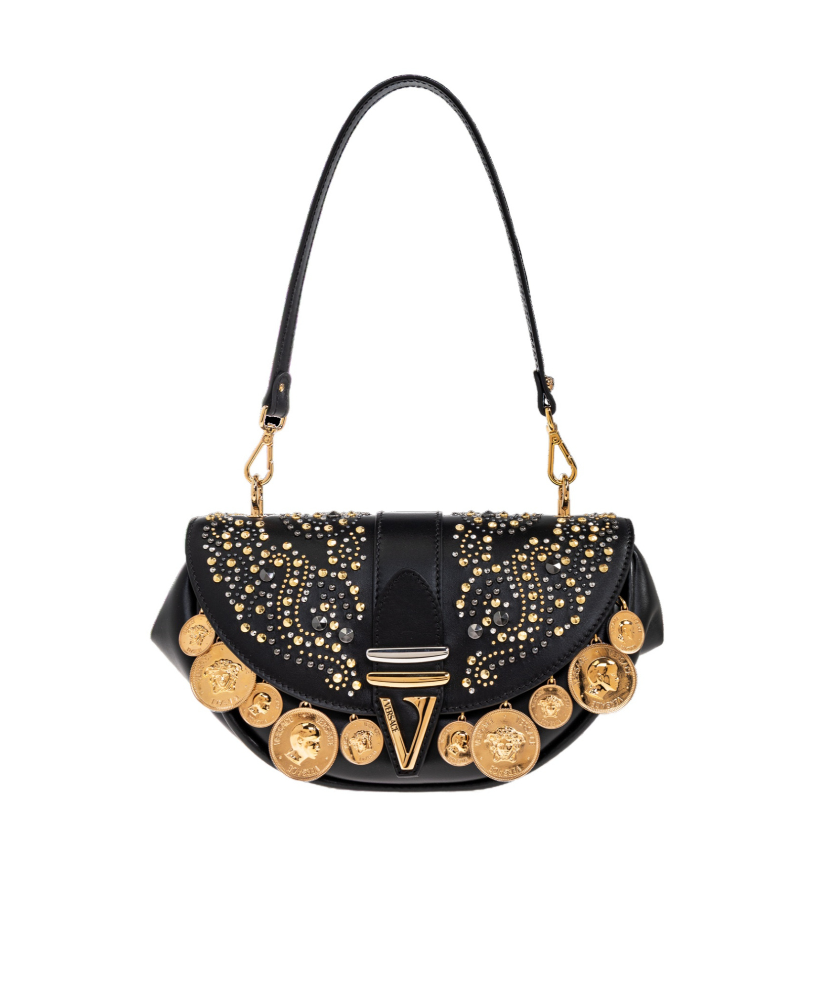 Versace Virtus Medium Coin-embellished Leather Shoulder Bag In Black