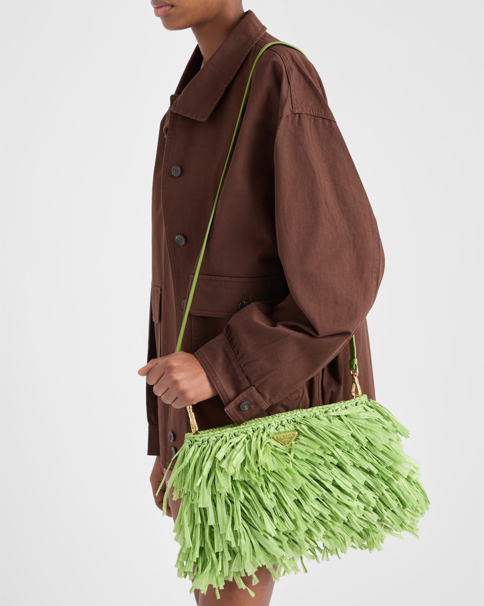 Prada Crochet Clutch Bag Fringe Detailing In Green