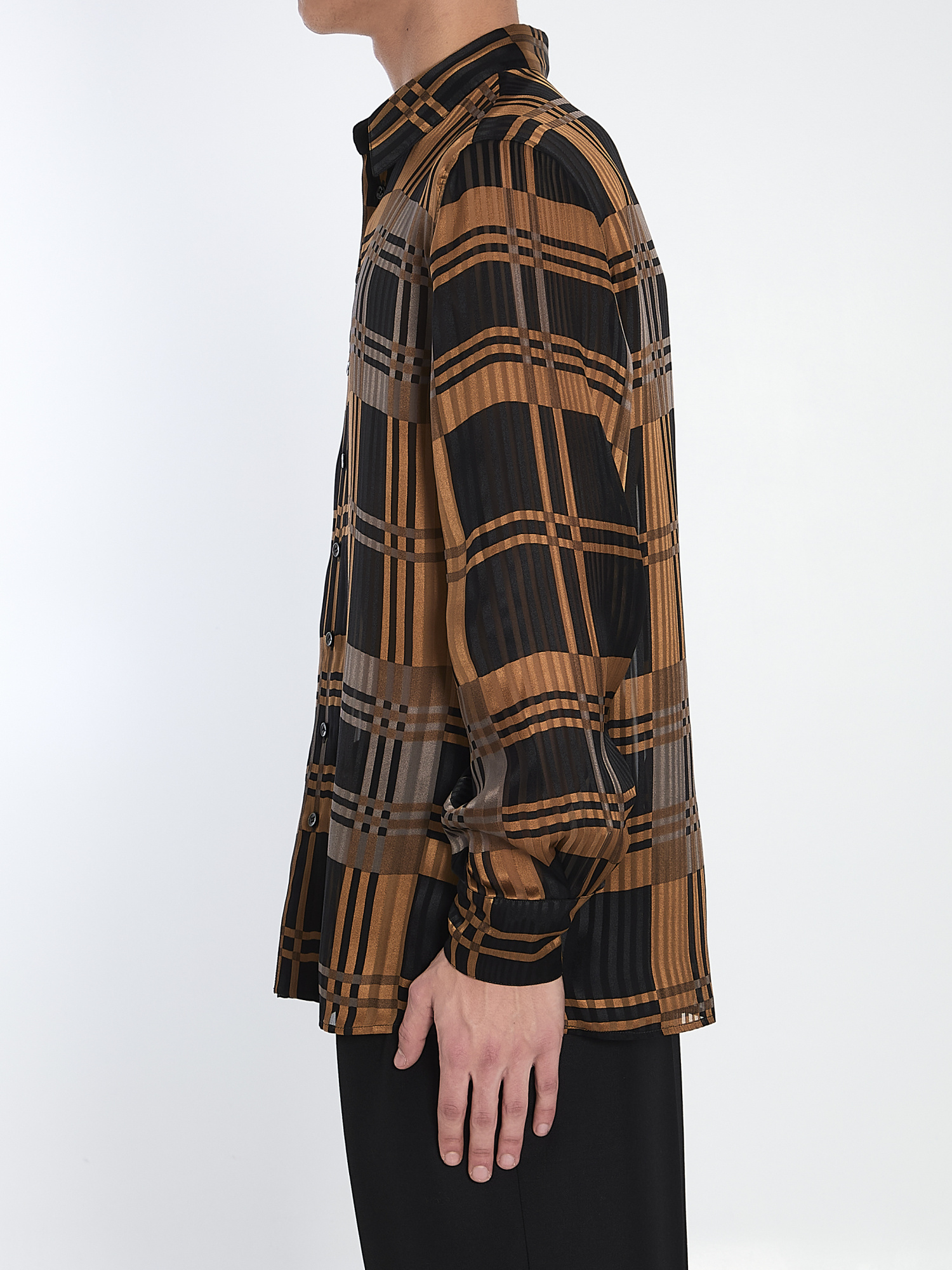 Saint Laurent Silk Shirt With Checked Pattern And Long Sleeves In Black