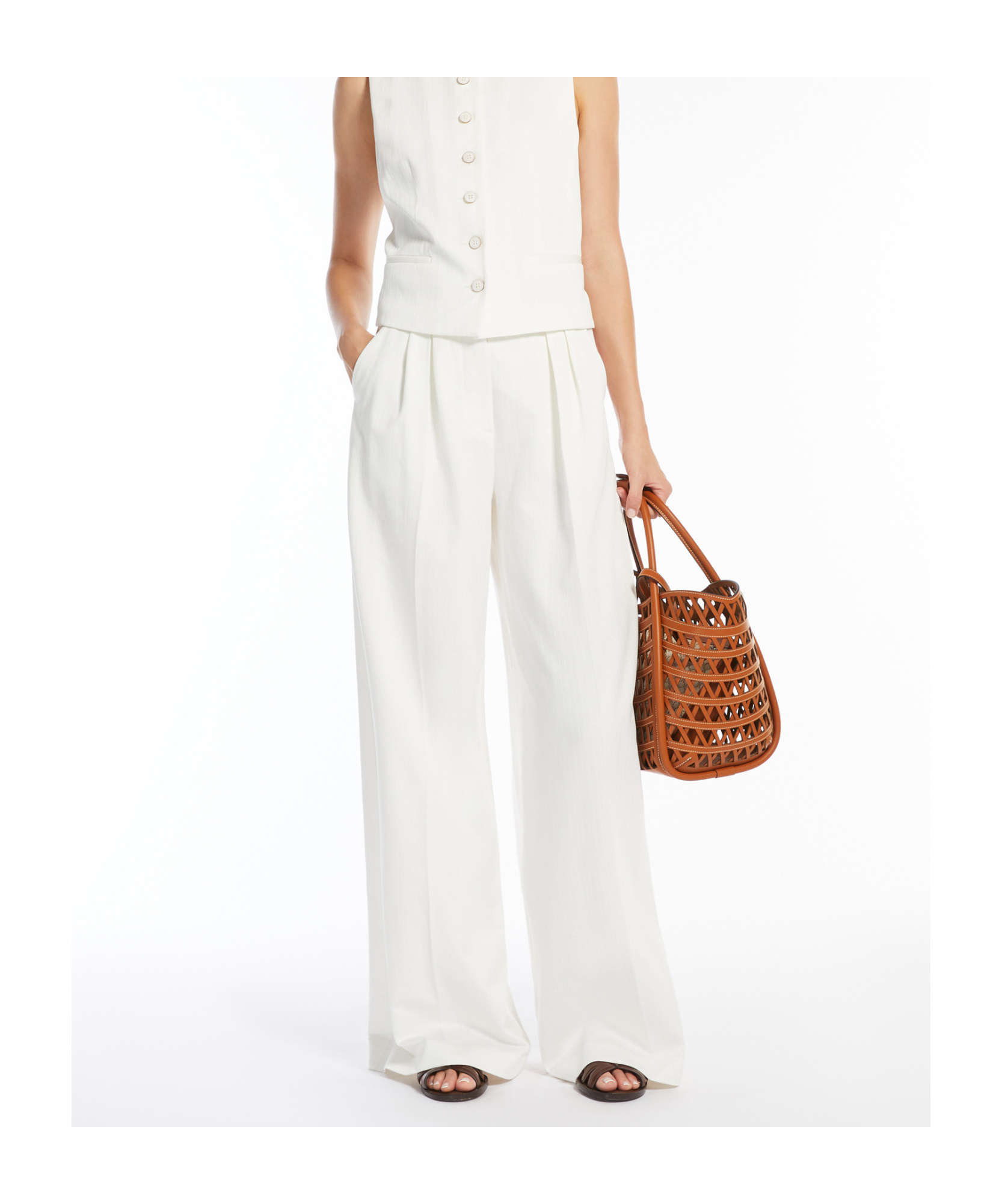 Max Mara Wide Trousers In Pinstriped Jacquard Cotton In White