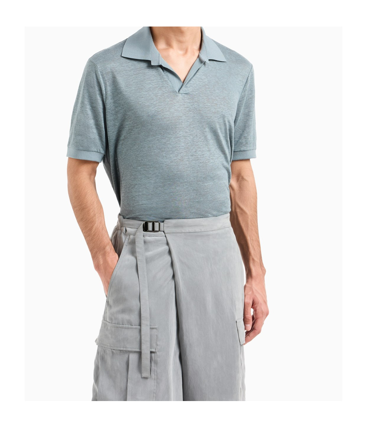 Giorgio Armani Short-sleeved Polo Shirt In Linen Jersey In Blue