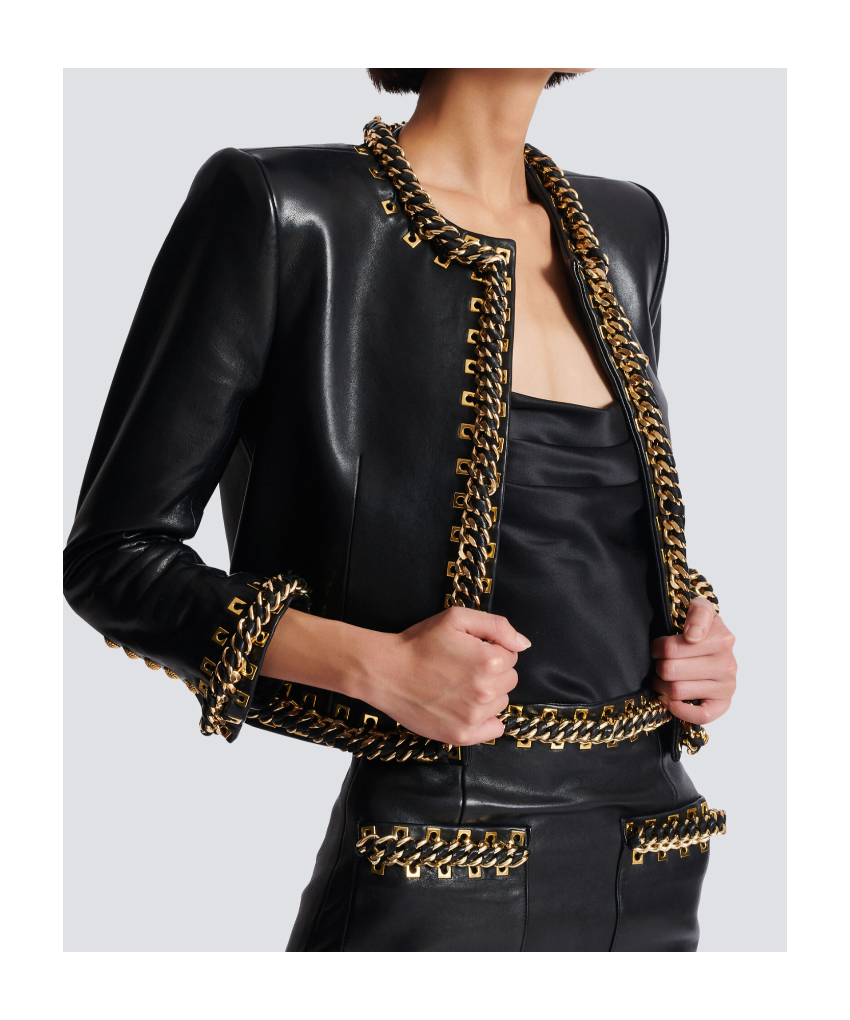 Balmain Lambskin Edge-to-edge Jacket With Chain Trim In Black