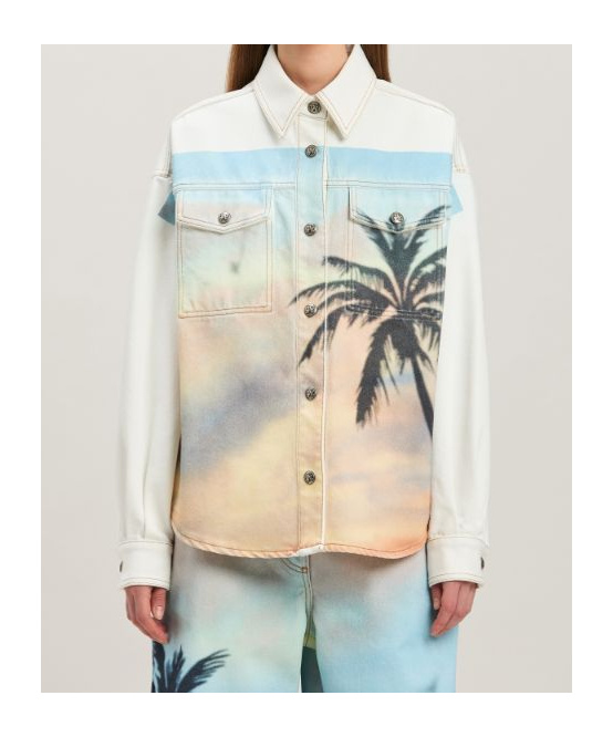 Palm Angels Sunrise Palm Denim Overshirt Off White - In Beige