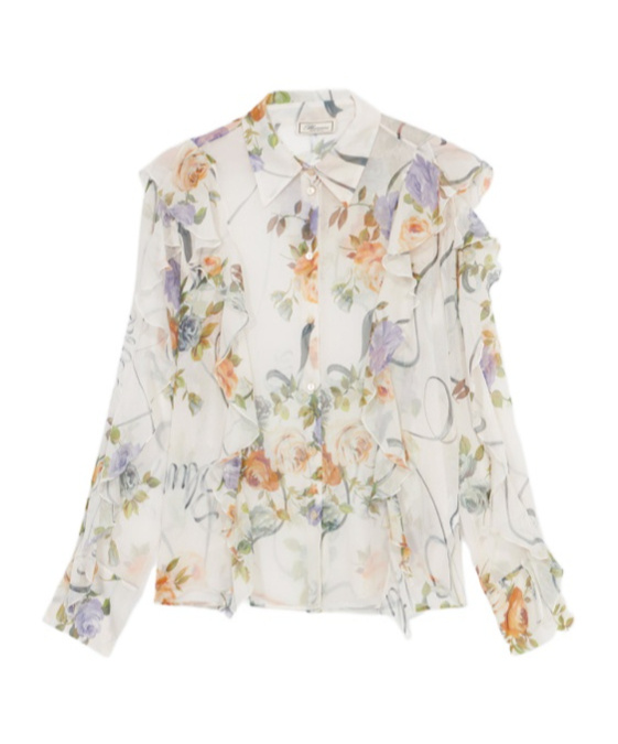 BLUMARINE BLUMARINE FLORAL PRINTED SEMI SHEER RUFFLED SHIRT 