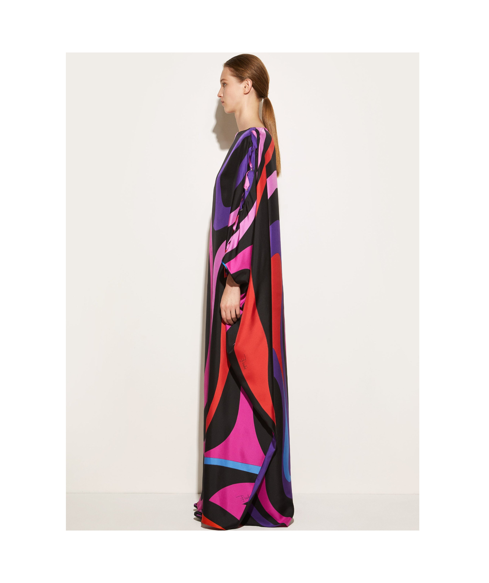 Pucci Abstract Print Silk Caftan Dress With Boat Neck And Long Sleeves In Black
