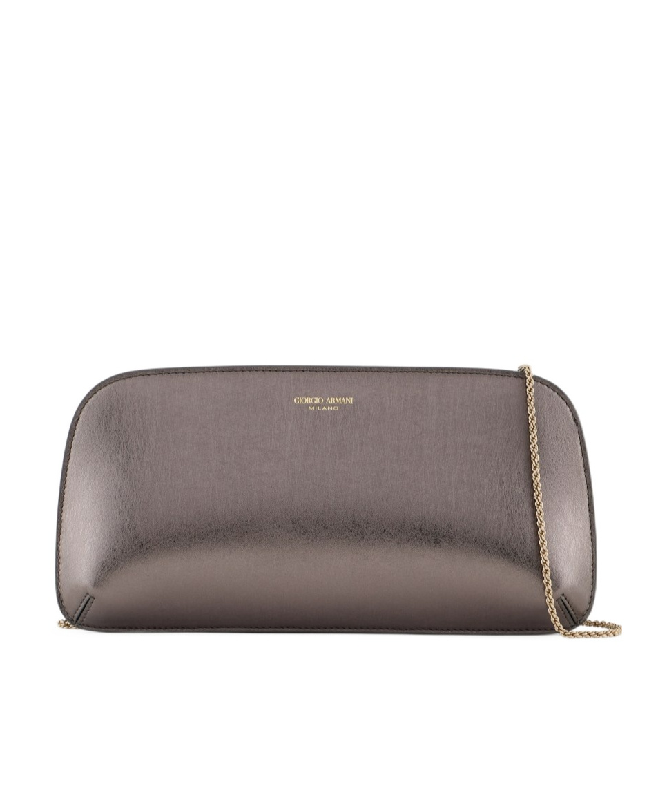 Giorgio Armani Logo Metallic Leather Clutch In Gray