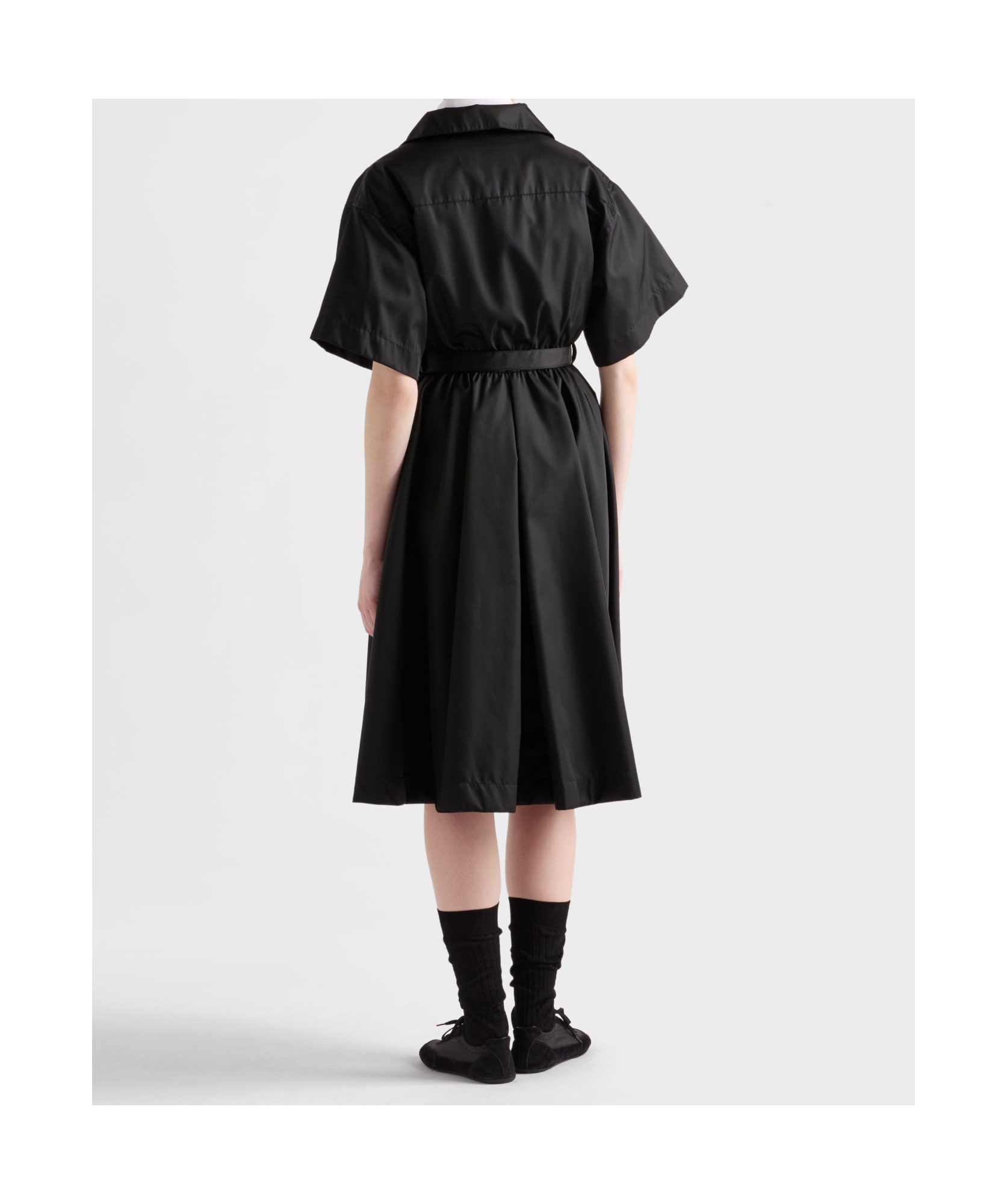 Prada Nylon Dress With Belted Waist And Flared Skirt In Black