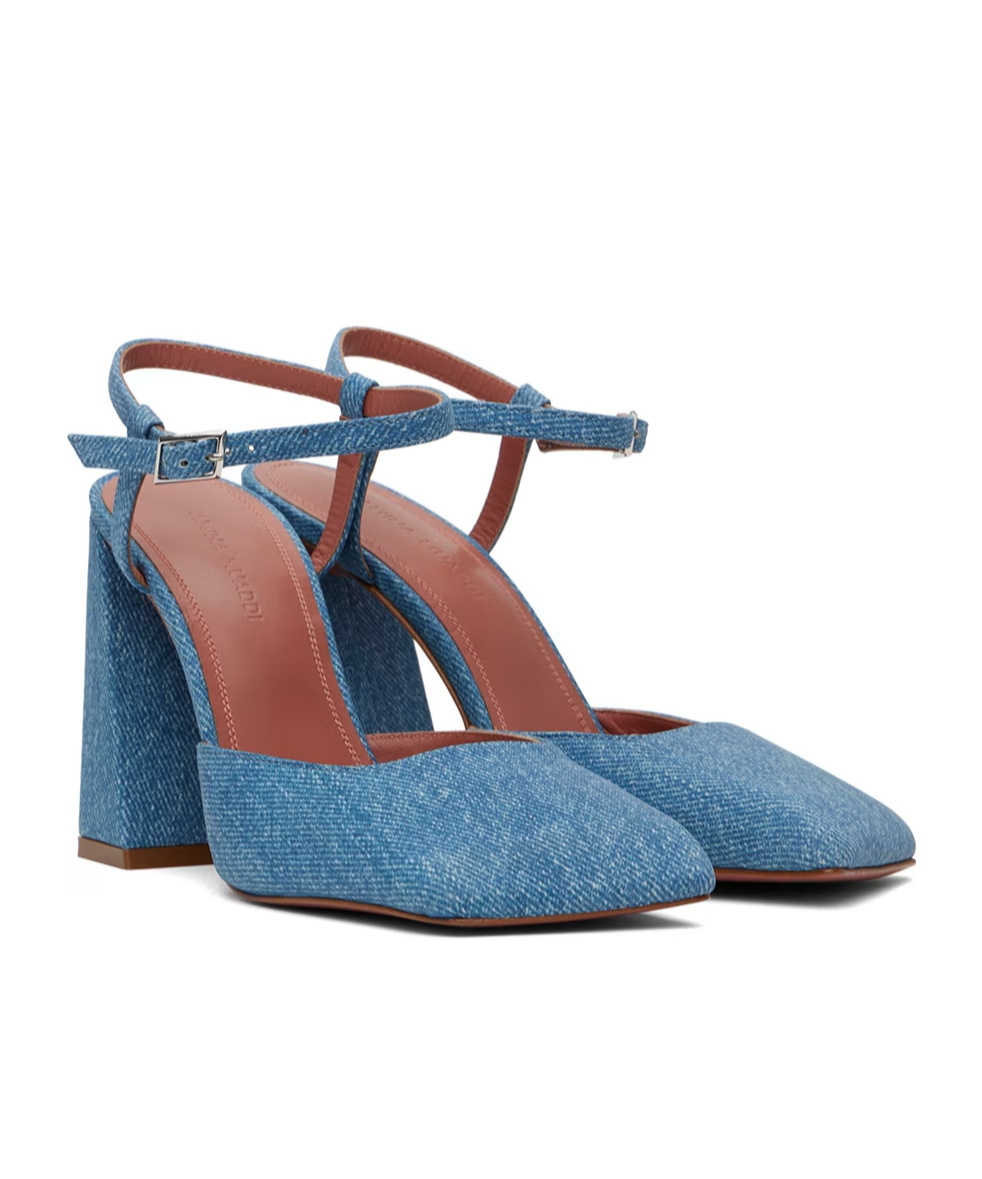 Shop Amina Muaddi Suede Printed Denim Heel Sandals In Blue