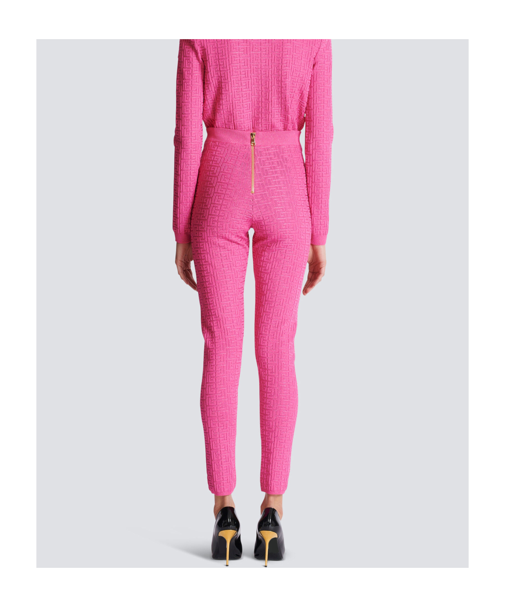 Balmain Knit Leggings With Monogram In Pink