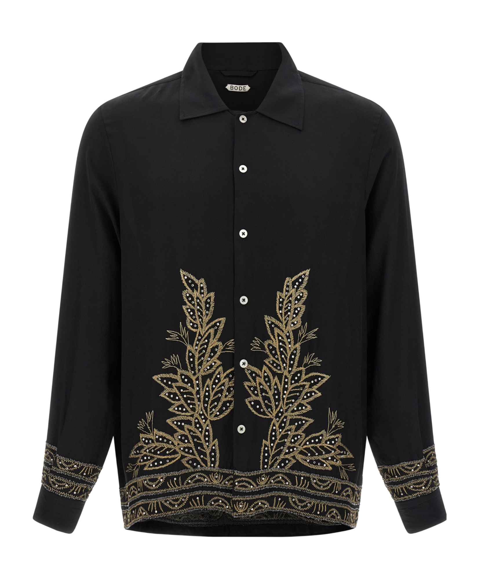 Bode Beaded Epoque Silk Button-up Shirt In Black