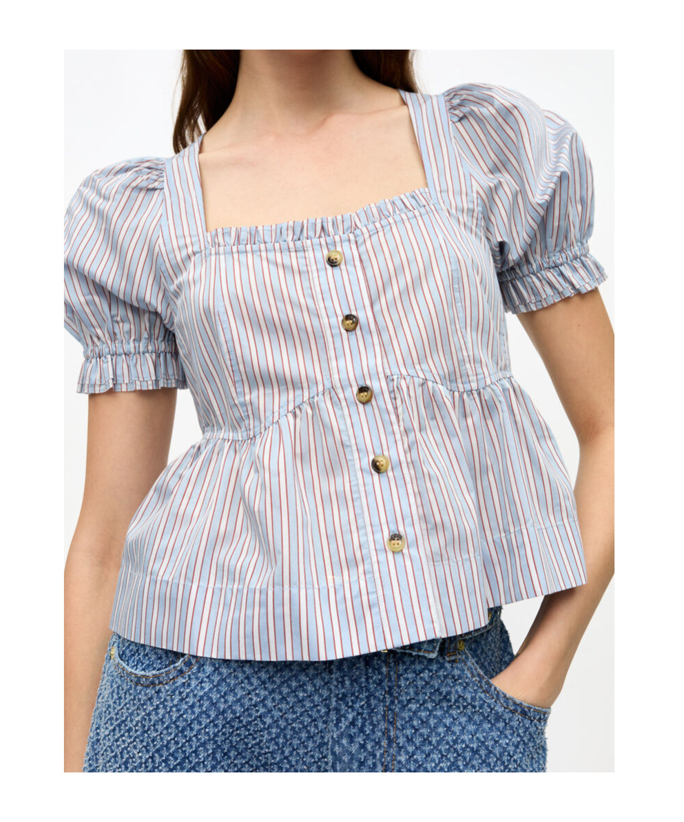 Ganni Yarn Dyed Stripe Blouse Shirts Light Blue In Soft Chambray