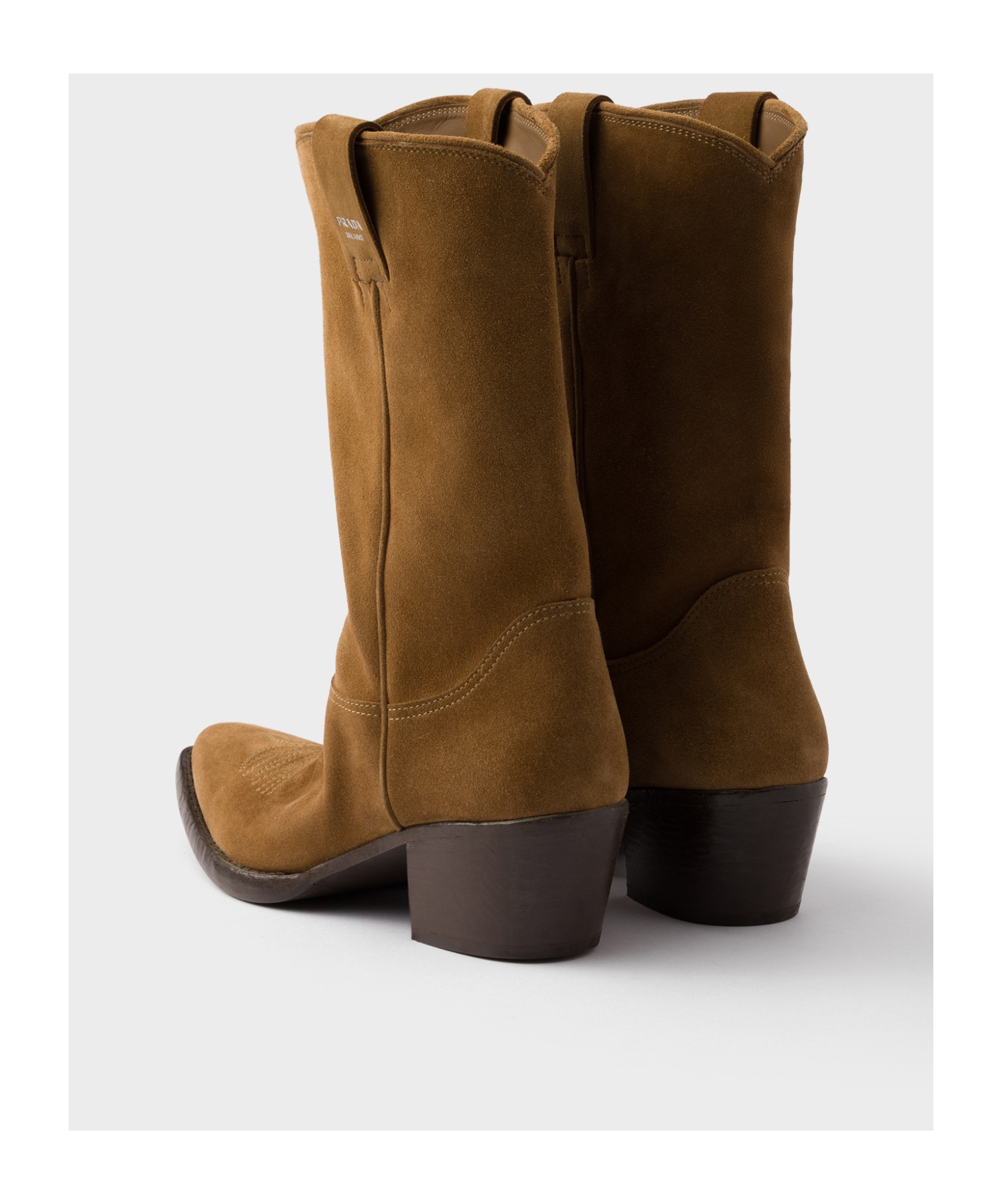 Prada Suede Leather Block Heel Mid-calf Boots In Tobacco Color