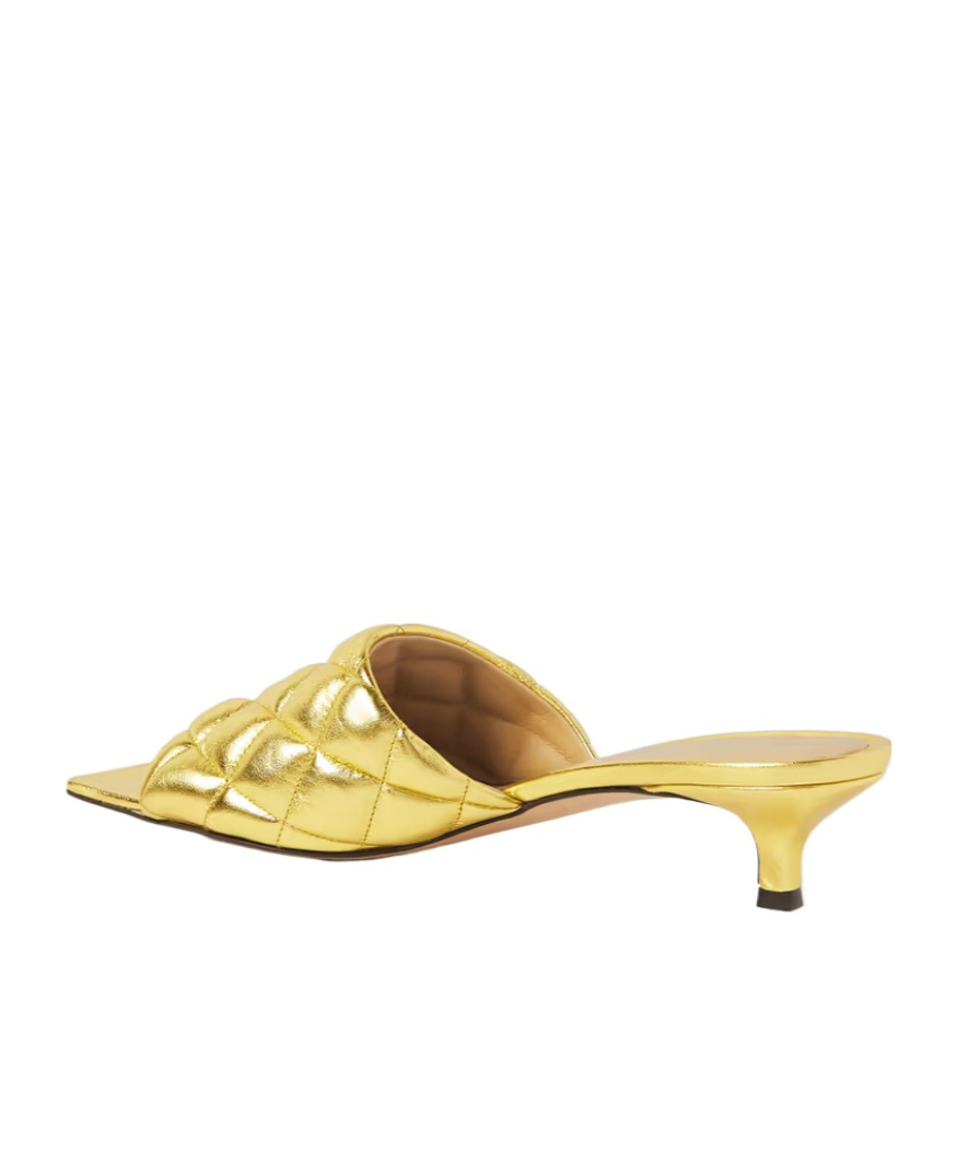 Bottega Veneta 45 Padded Mules In Metallic Leather In Yellow