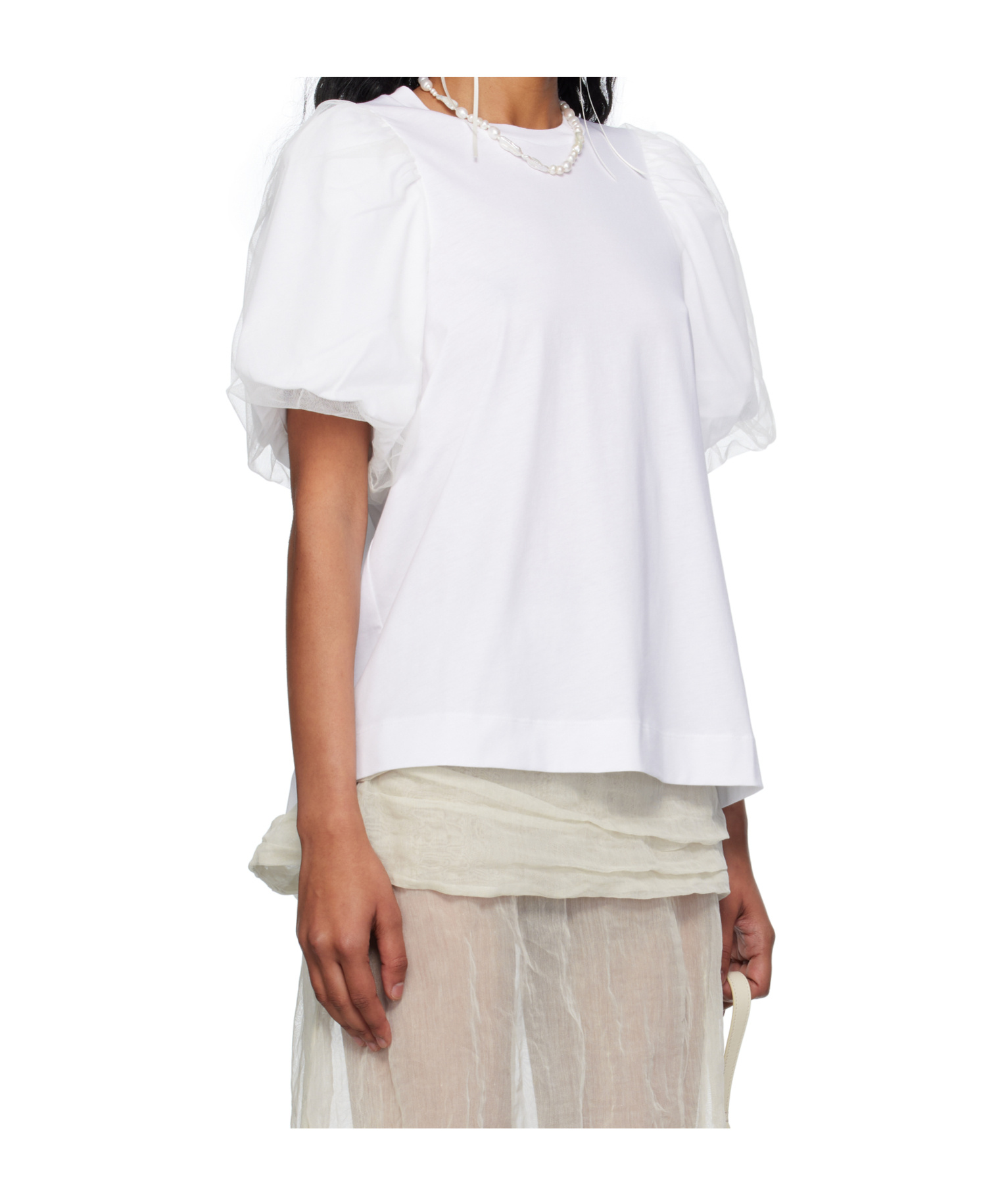 Simone Rocha White Tulle Overlay Puff Sleeve Frill T-shirt In Pattern