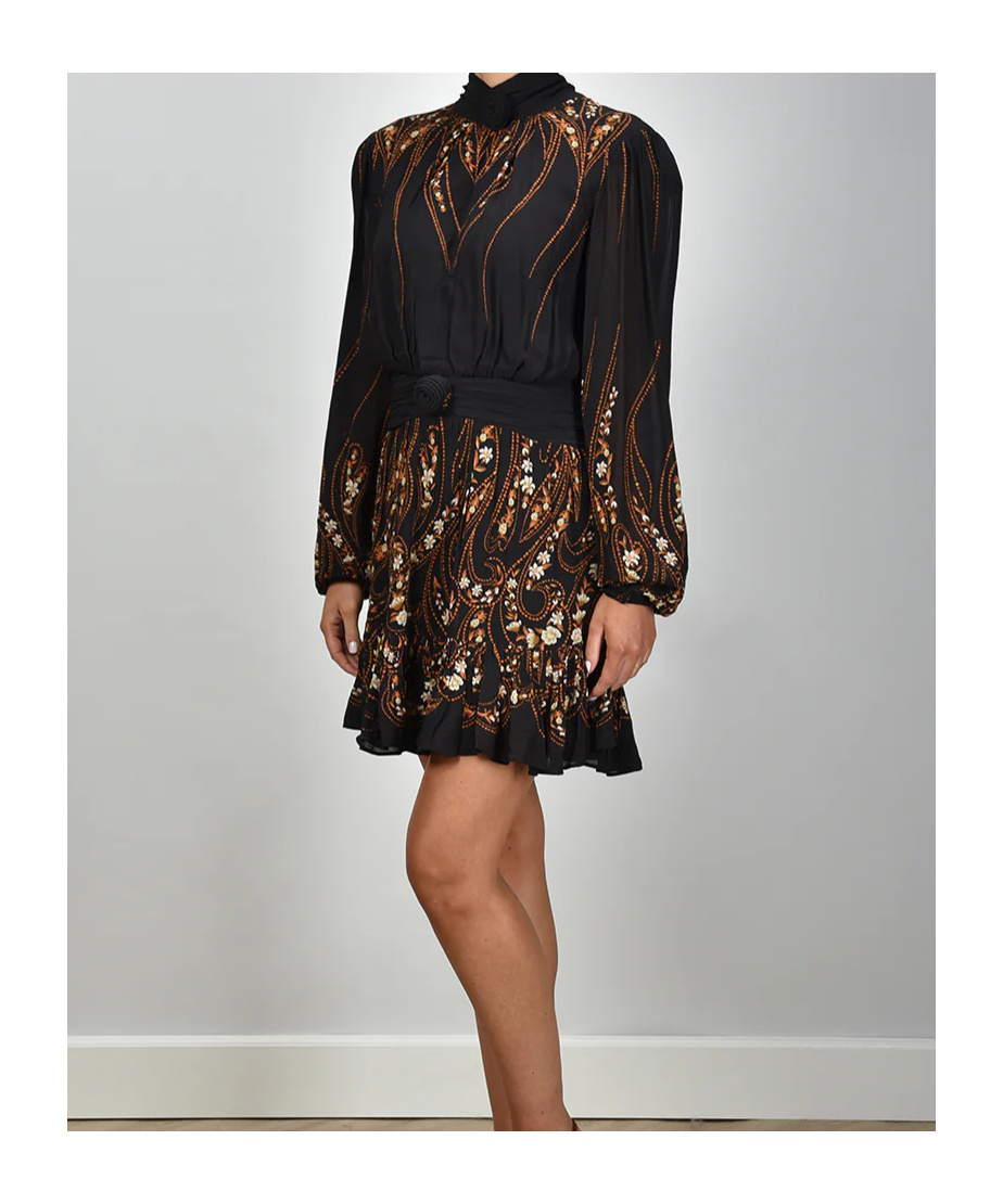 Farm Rio Tie-neck Floral-print Georgette Mini Dress In Black