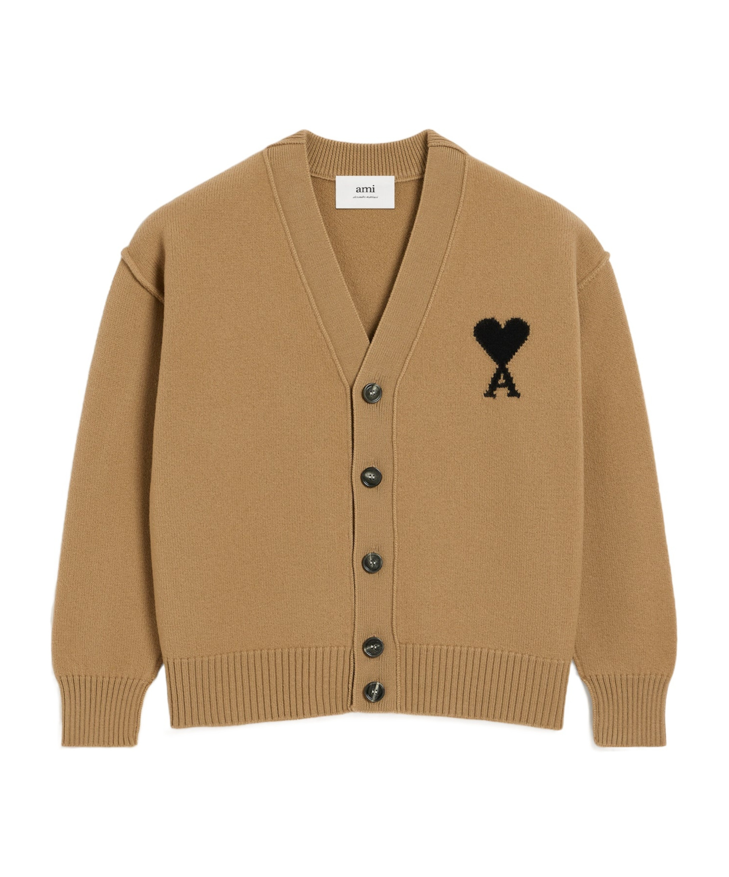 Ami Alexandre Mattiussi Ami Felted Merino Wool Cardigan With Inlaid Heart Motif In Brown
