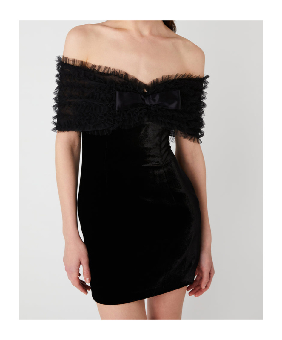 Alessandra Rich Velvet Off-shoulder Mini Dress In Black