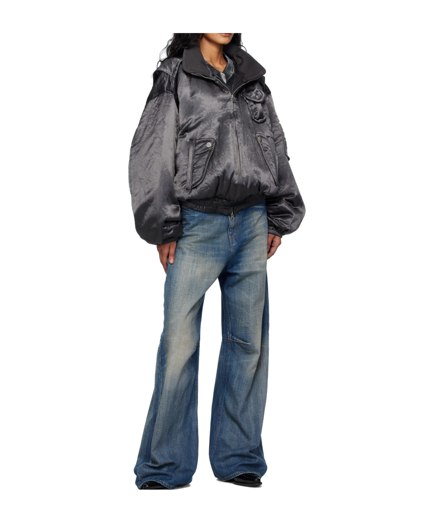 Open Yy Satin Cargo Bomber Jacket In Gray