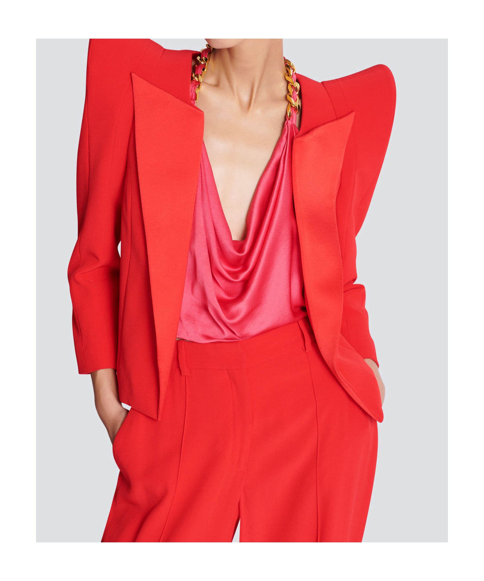 Shop Balmain Cropped Crepe Jacket With Structured Shoulders In Red